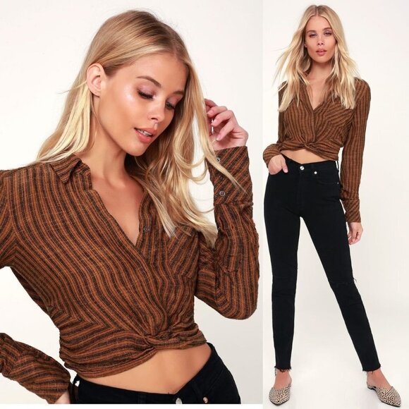 Free People Lust for Life Striped Long Sleeve Twist Crop Top Shirt Medium - Picture 1 of 10